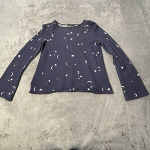 Ann Taylor Navy Blue Moon Star Sparkle Bell Sleeve Sweater Top Women's Medium